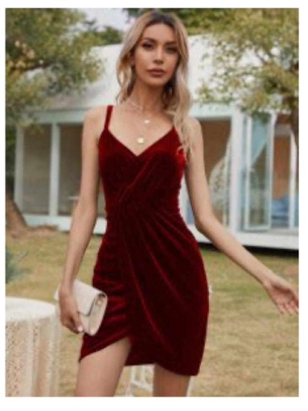 SHEIN Women’s Burgundy Velvet Ruched Slip Dress